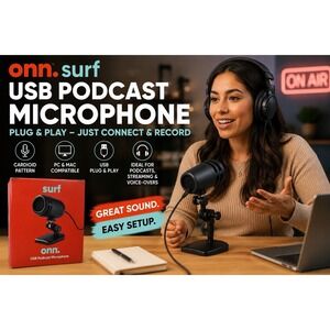 Onn Surf USB Podcast Microphone PC & Mac Cardioid Recording Adjustable Stand
